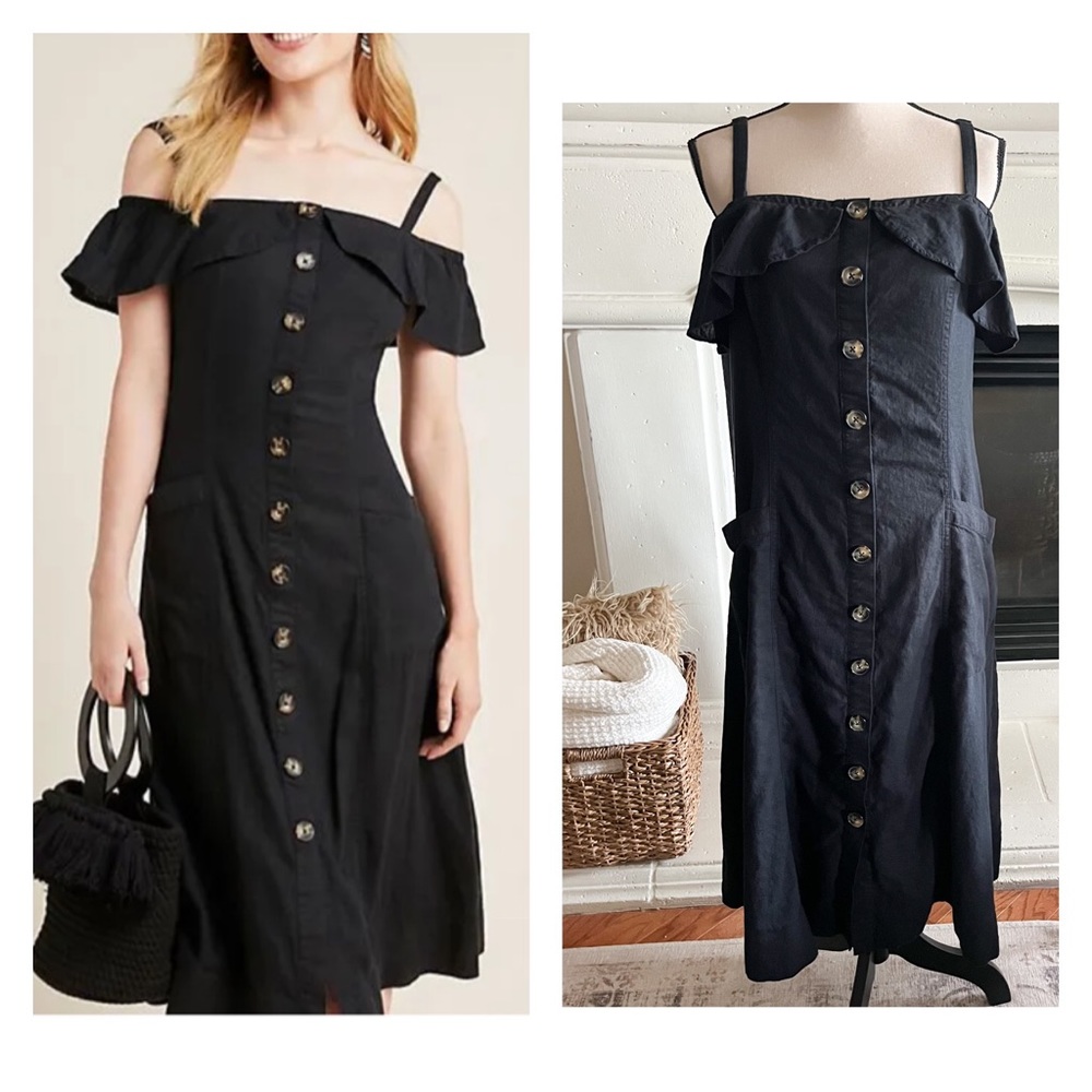 Anthropologie Black off the shoulder big pockets button front midi dress 14